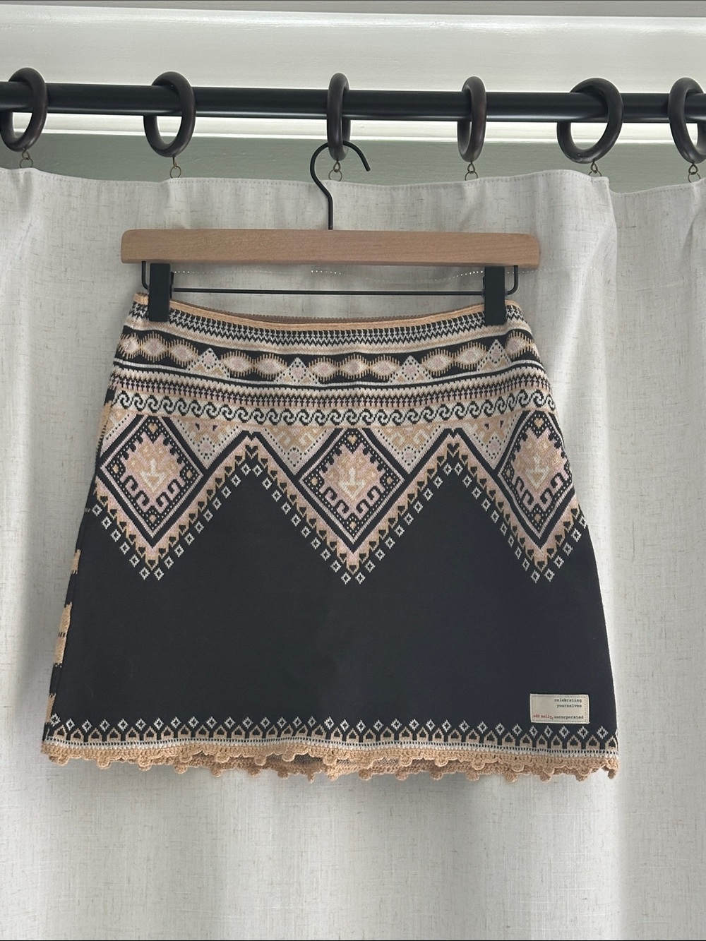 Odd Molly Nordic Fair Isle Knit Mini Skirt Black Cream Boho Pom Trim Women Small